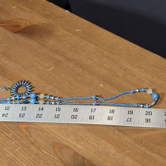 (2) Vintage Faux Turquoise Silver-tone Chain Pendant & Long Beaded Necklace - Picture 9 of 10